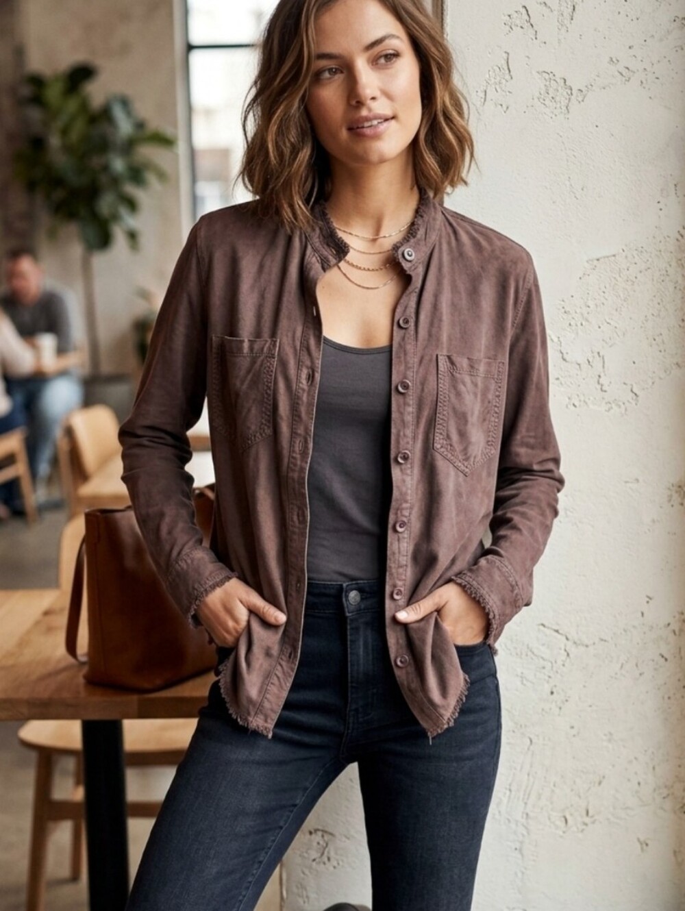 Bella Dahl Chocolate Brown Raw Hem Button Up Blouse, XS